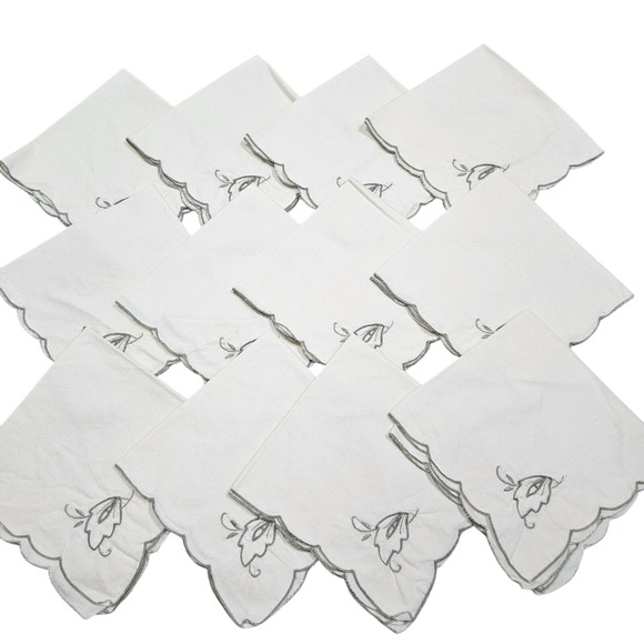 Vintage MCM Linen‎ Embroidered Table 12 Napkins Table Centerpiece Set White Gray - Picture 6 of 10